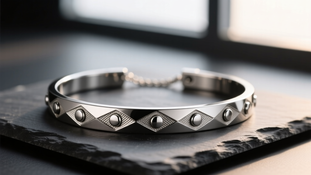 Close-up of a brushed titanium health i necklace with embedded magnets, resting on a dark slate surface under soft studio lighting