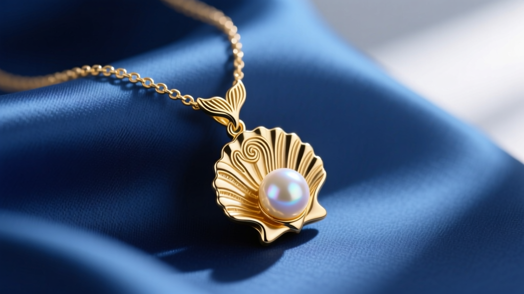 Macro shot of a gold vermeil little mermaid necklace with a scallop shell pendant and freshwater pearl on blue silk fabric