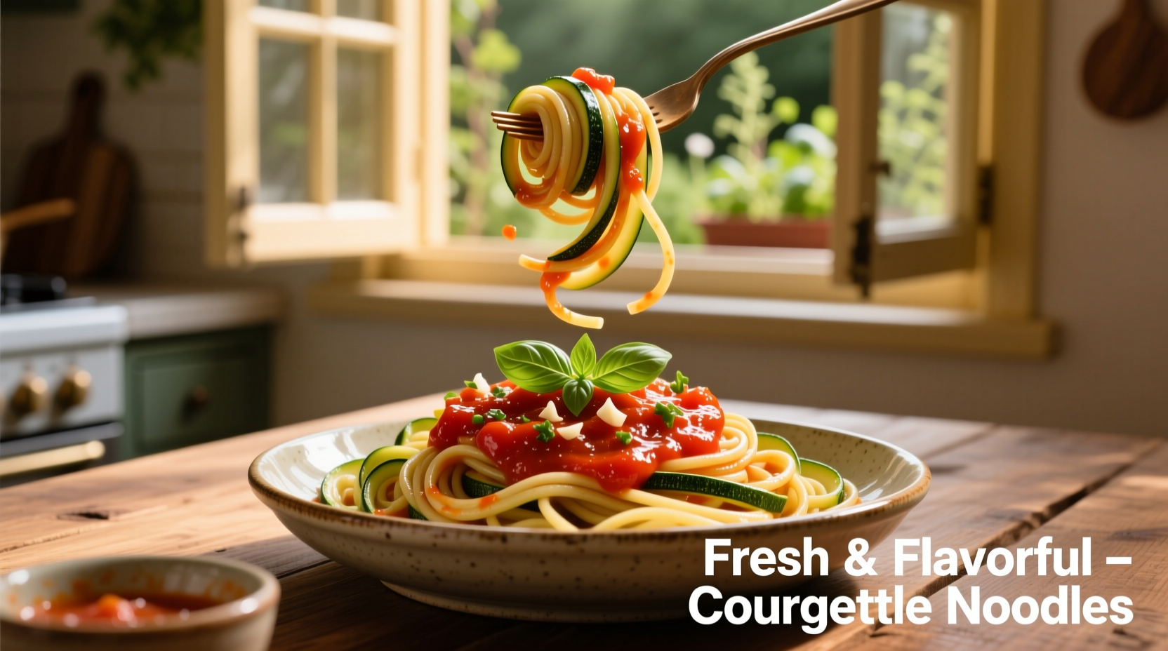 Perfectly cooked courgette noodles with vibrant tomato sauce