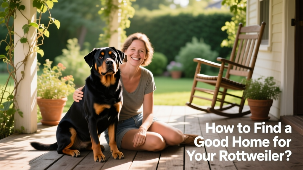 A calm, friendly Rottweiler sitting beside a smiling adult on a sunny porch