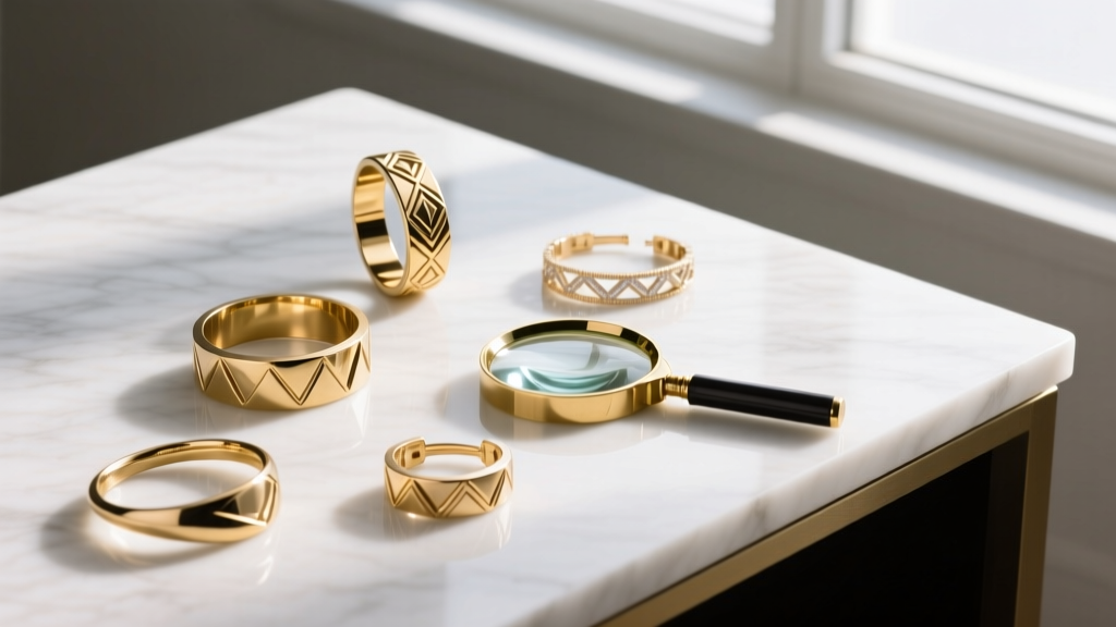 Overhead flat-lay of gold-plated brass and PVD stainless steel fashion jewelry on a marble sourcing desk next to a jewelers loupe