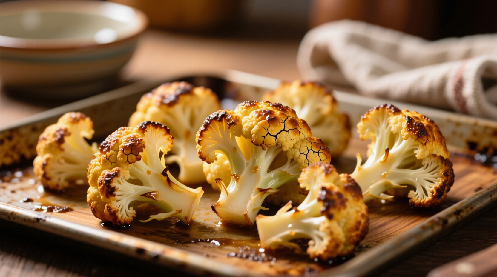 Golden baked cauliflower florets with crispy edges on baking sheet