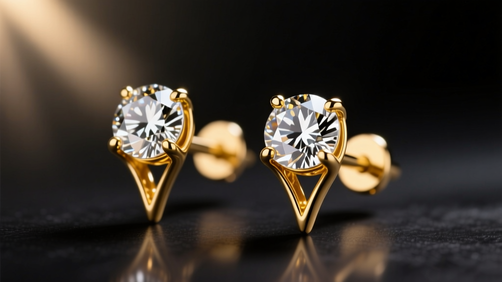Close-up of diamond studs in 14k yellow gold martini settings, catching warm light against a softly blurred dark background.