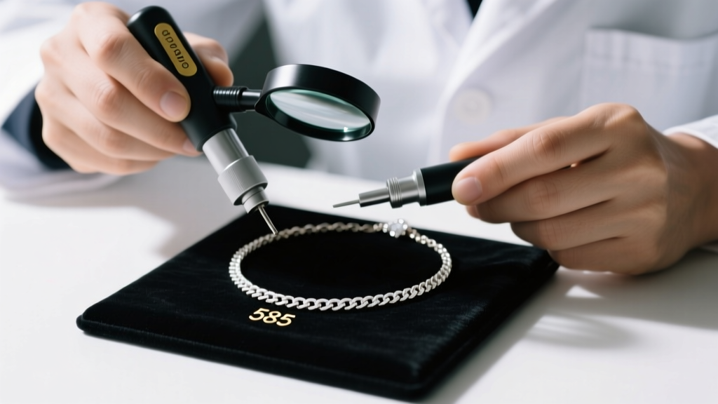 Jeweler using a digital gold tester and loupe to inspect a 585 stamp on a white gold chain necklace on a dark velvet pad.
