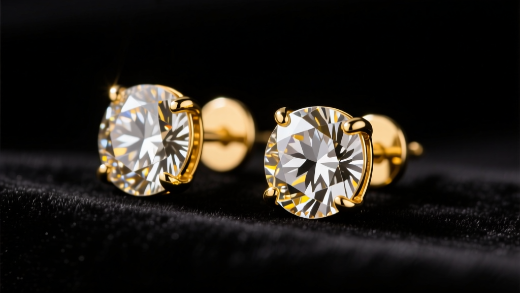 Close-up of 14k yellow gold iced-out stud earrings with VVS moissanite stones on matte black velvet under bright studio lighting