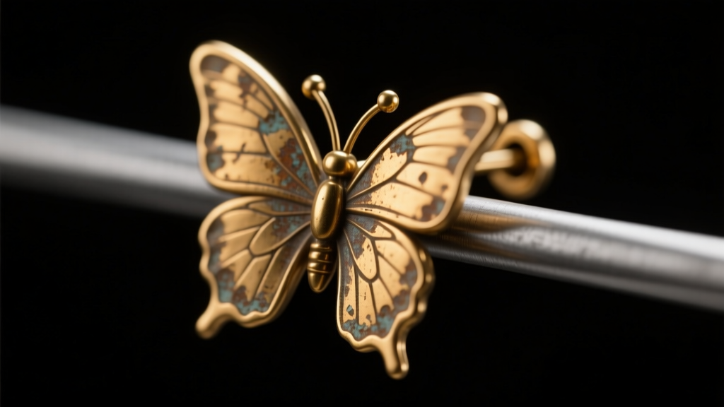 Macro shot of a tarnished brass earring butterfly back stuck on a 20-gauge steel post under harsh directional studio lighting.