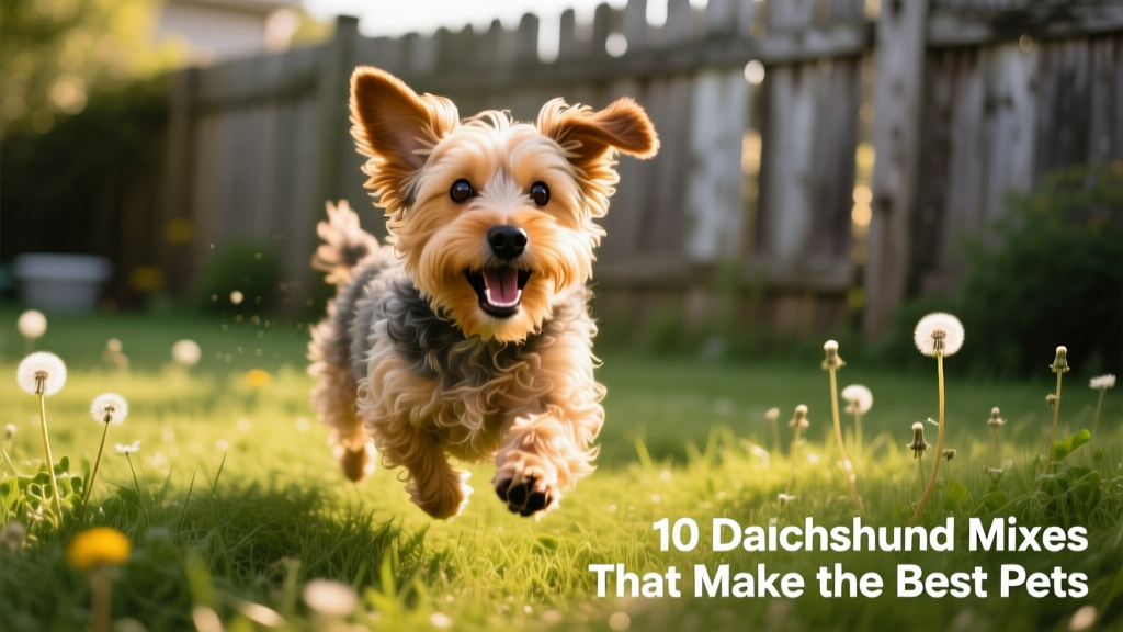 A Doxiepoo playing fetch in a grassy backyard, highlighting its wavy coat and alert expression