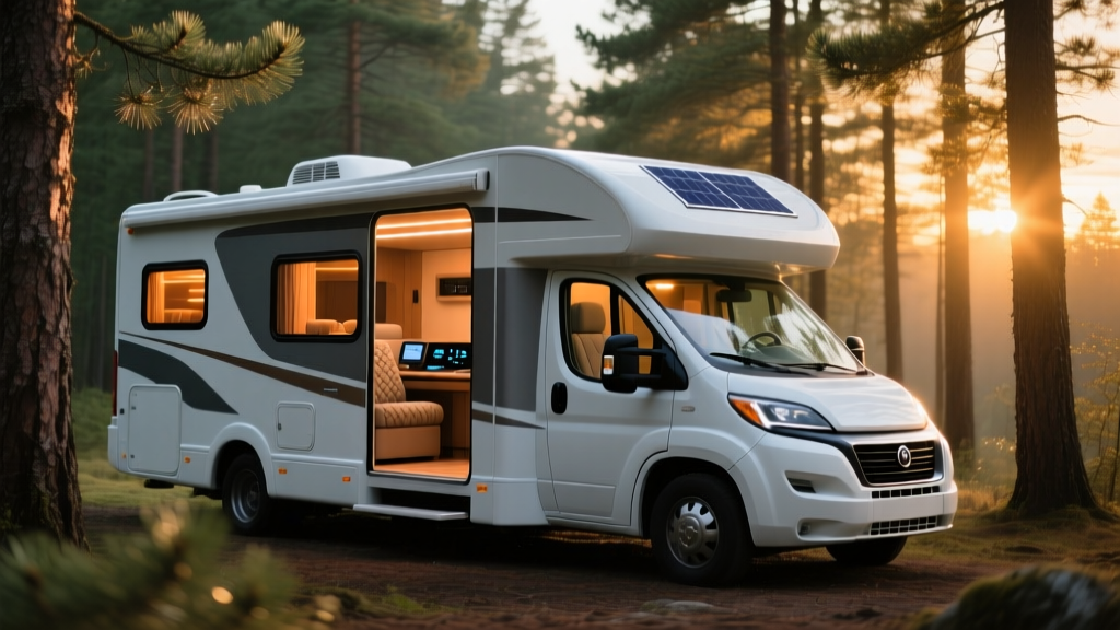 Modern Class C RV parked in a pine forest at dusk, with glowing smart interior lights and a solar panel on the dashboard.