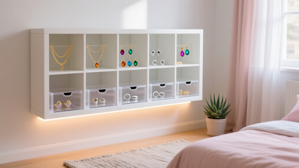 Teen room with IKEA KALLAX shelf fitted with clear acrylic drawer inserts and LED strip lights for a vibrant jewelry display.