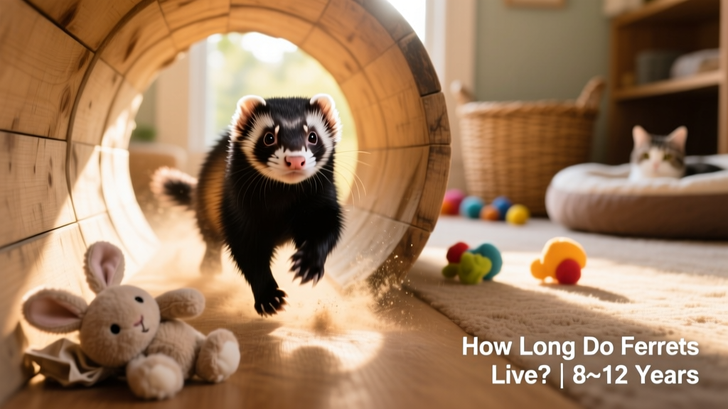 An adult ferret playfully chasing a soft toy through a tunnel