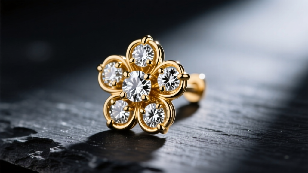 Macro shot of a 14k gold floral cluster earring with seven round brilliant diamonds in prong settings, resting on dark slate