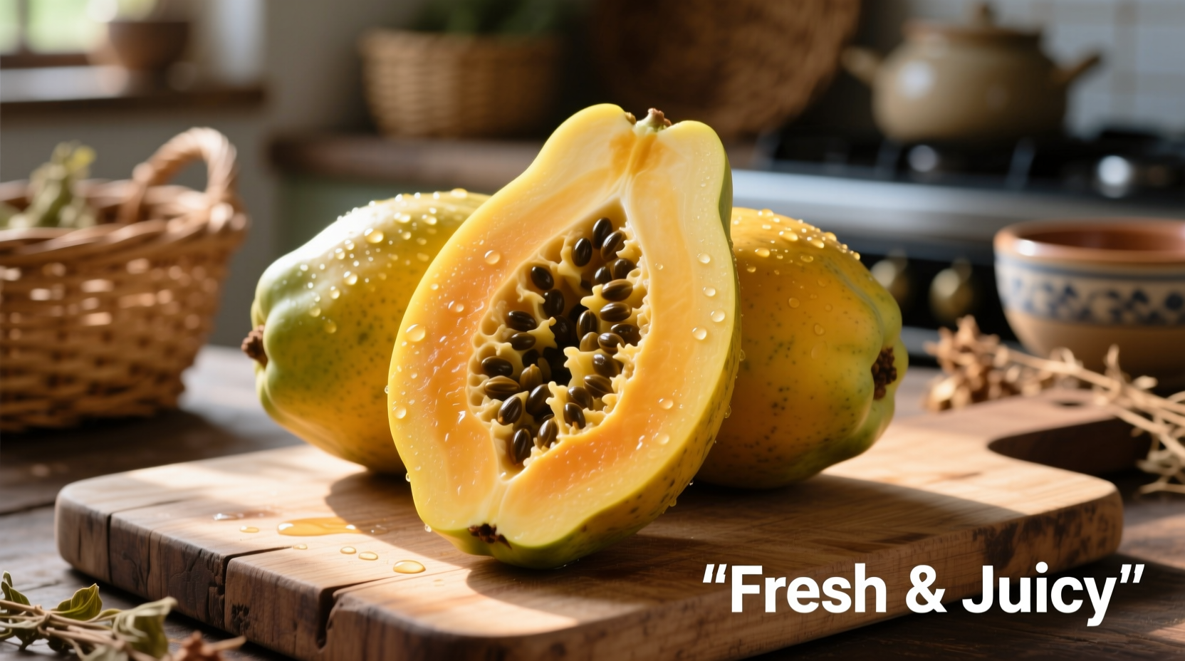 Ripe pawpaw fruit cut in half showing creamy yellow flesh
