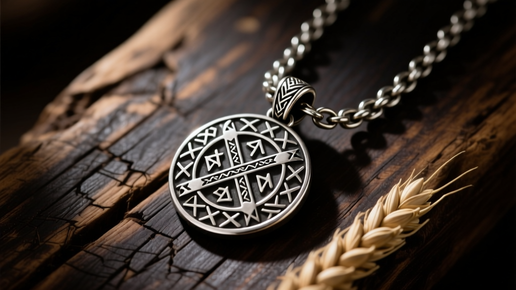 Weathered 925 sterling silver Viking pendant on a wheat chain resting on scratched dark oak wood under moody cinematic lighting.