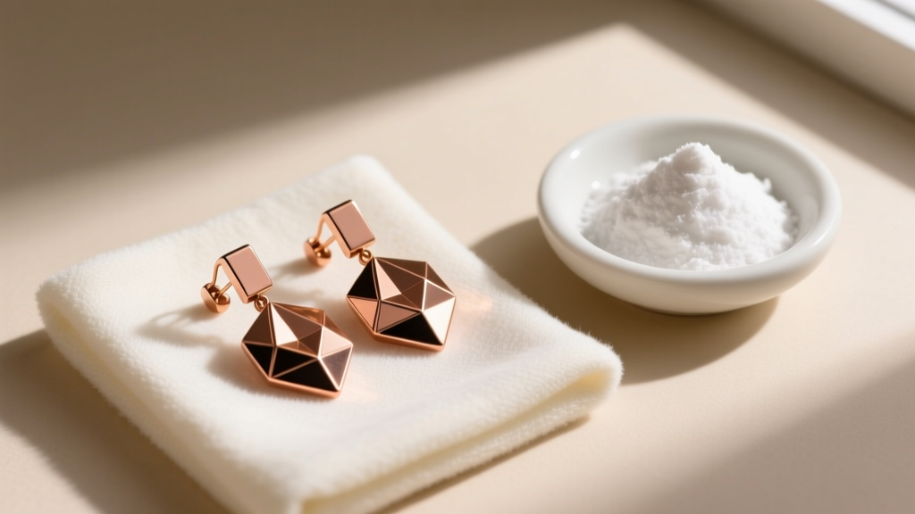 Overhead view of polished copper earrings on a microfiber cloth next to a small ceramic dish of baking soda neutralizer paste