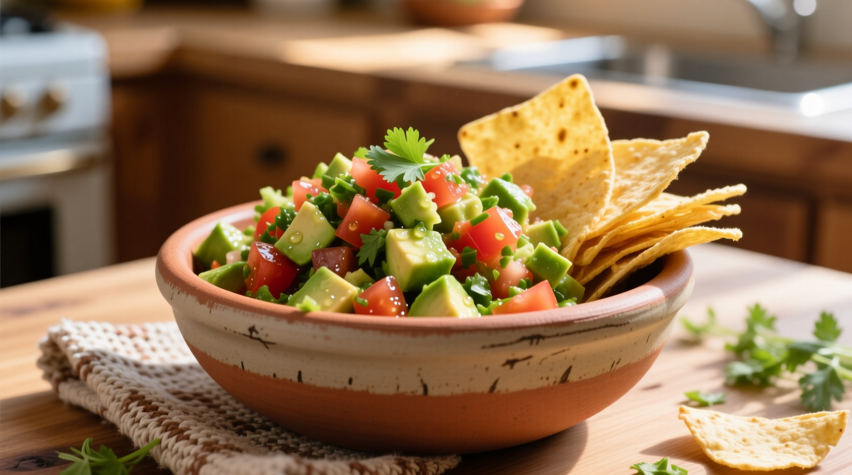 Fresh tomato green salsa in clay bowl with tortilla chips