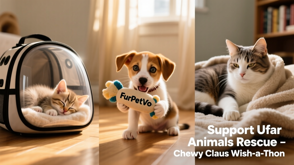 A collage of happy UFAR adoptees: a kitten napping in a carrier, a puppy playing with a FurPetVo-branded toy, and a senior cat curled up on a donated blanket