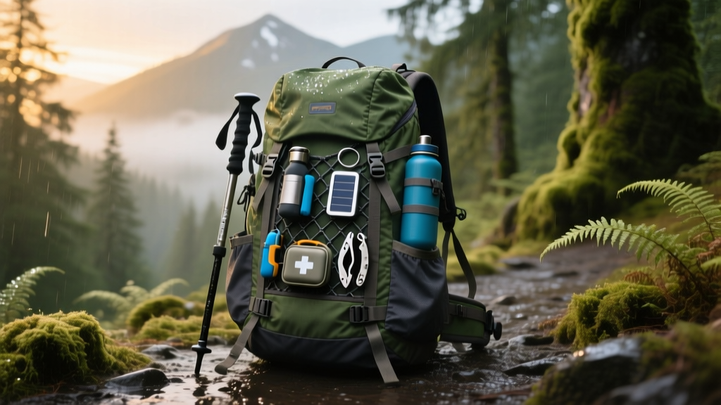 A rugged trail in the Pacific Northwest with a hikers backpack in the foreground displaying an array of affordable compact hiking gadgets strapped to the webbing