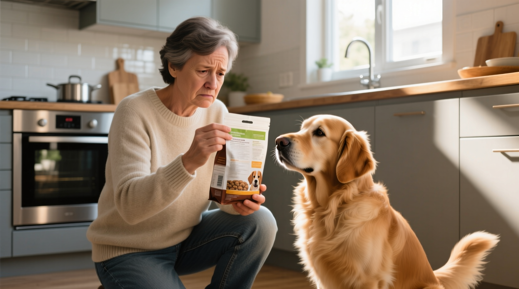 Dog owner checking food ingredients with concerned expression
