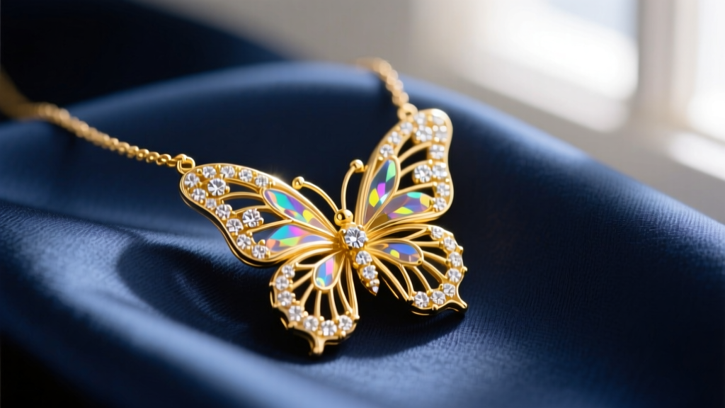Close-up of a 14k yellow gold butterfly pendant necklace on silk, highlighting diamond-encrusted wings in soft natural lighting