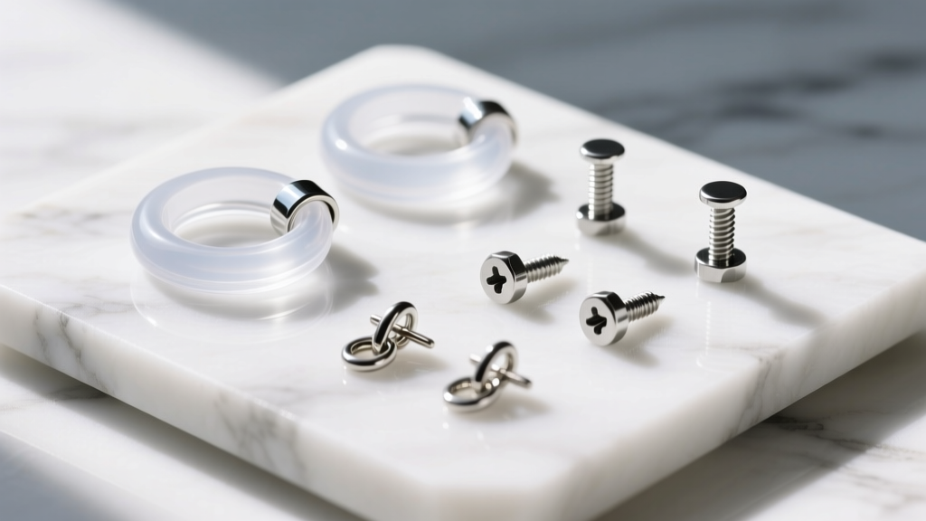 Flat lay of secure earring back upgrades including clear silicone O-rings, locking backs, and silver screw nuts on white marble.