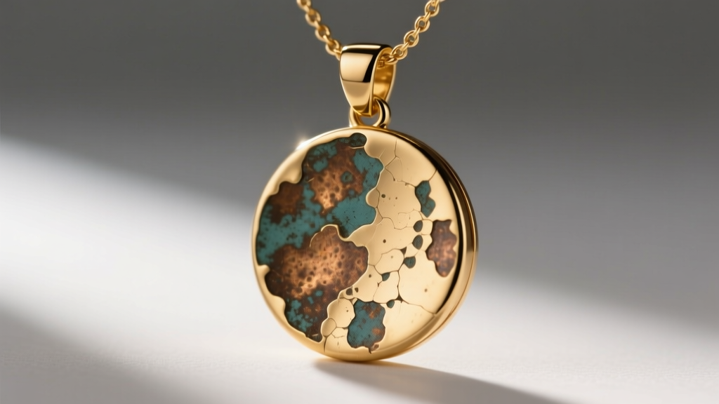 Macro photography of a gold vermeil pendant necklace showing mottled discoloration where plating has worn off to reveal raw brass.