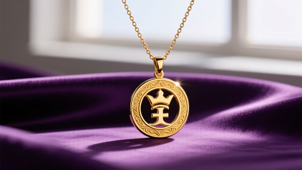 Macro shot of a 14k yellow gold Prince symbol pendant on a 1.2mm box chain, resting against a rich purple silk fabric backdrop.