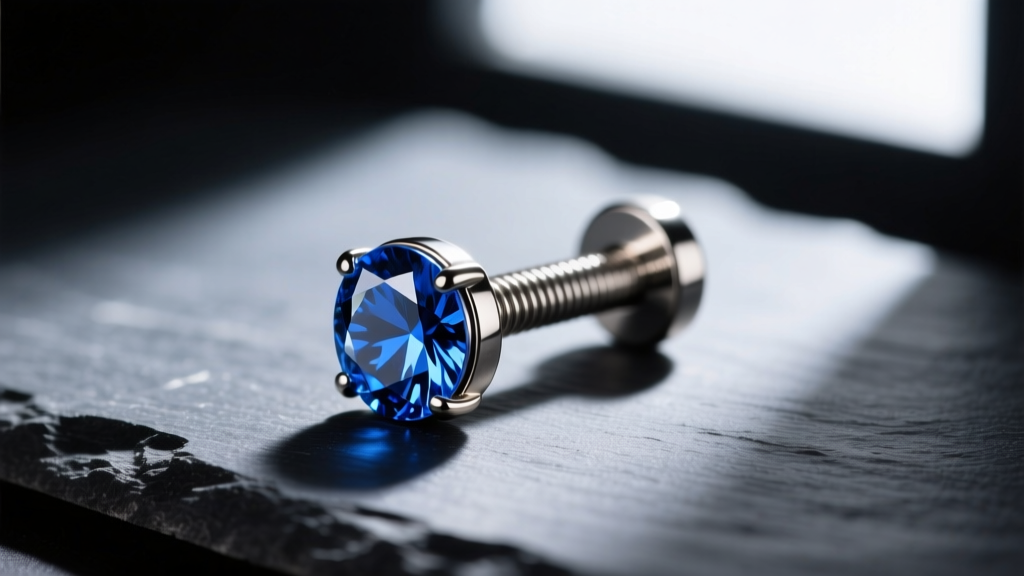 Macro shot of a titanium threadless helix labret with a sapphire gem on dark slate under dramatic side lighting