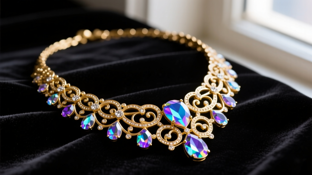Close-up of a vintage Carolee New York gold-plated bib necklace with aurora borealis crystals resting on dark velvet display