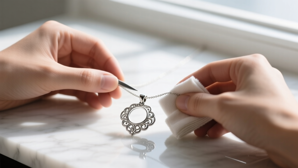 Hands polishing a delicate sterling silver pendant necklace with a soft microfiber cloth on a clean white marble surface.