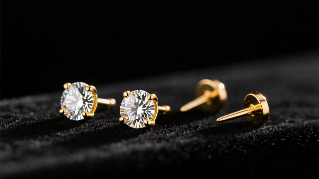 Close-up of 14k gold diamond studs on dark velvet beside two small metal clip-on converter backs under soft, warm studio lighting.
