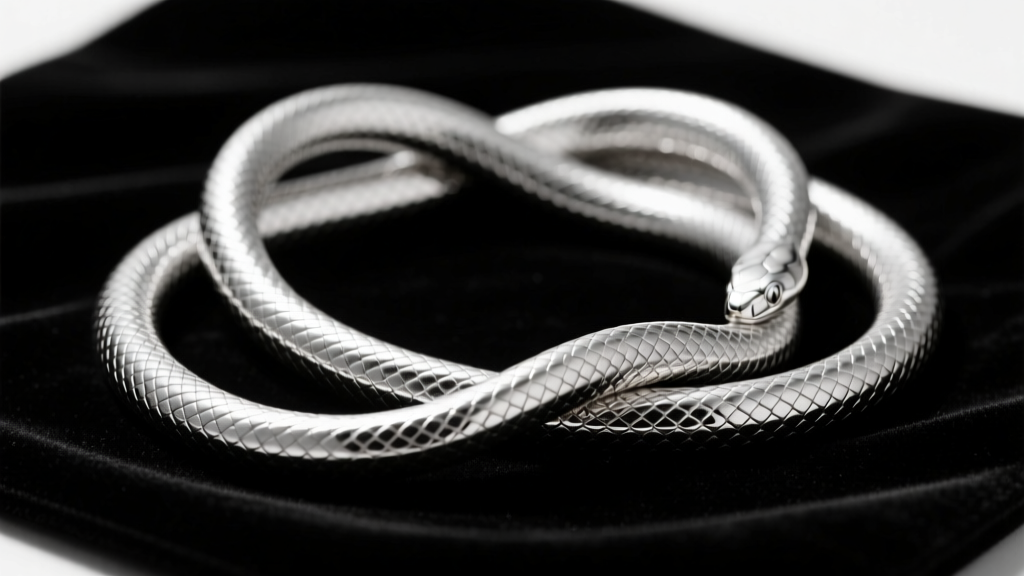 Macro shot of a tangled 14-inch sterling silver snake chain on a dark velvet pad, illuminated by soft directional studio lighting