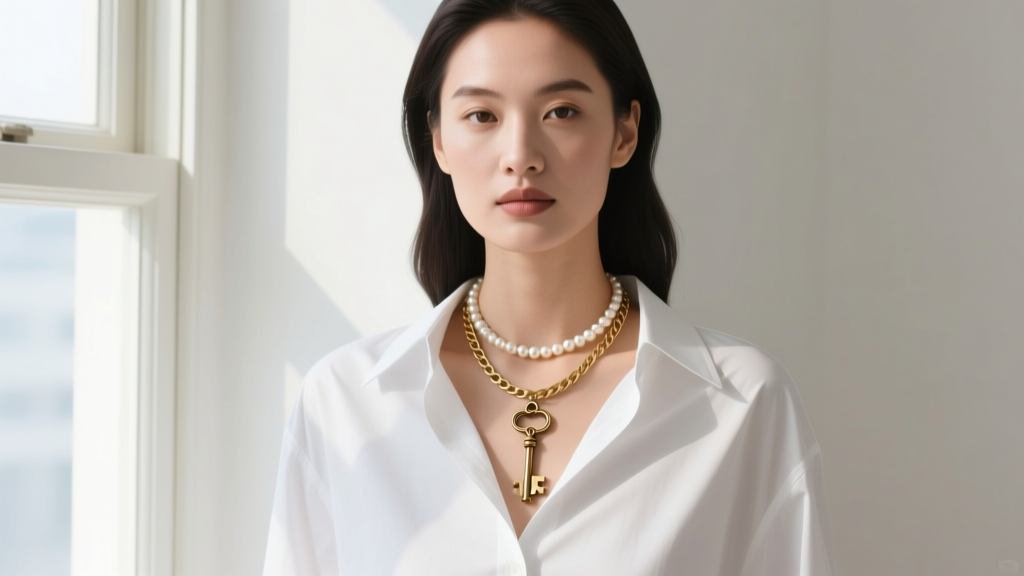 Model wearing layered necklaces with a brass key pendant, pearl choker, and gold figaro chain against a white button-down shirt.
