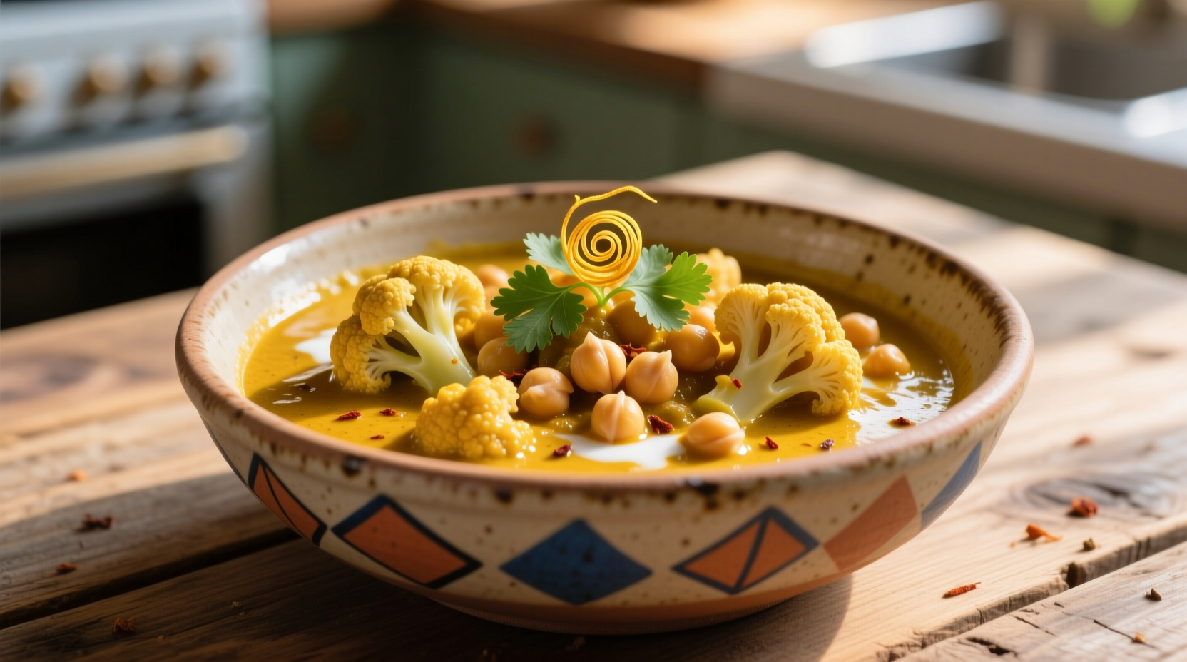 Golden cauliflower chickpea curry in ceramic bowl