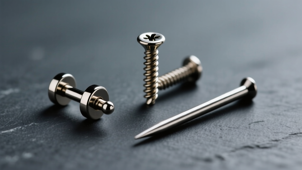 Macro photography comparing an l shape nose stud, a corkscrew nose screw, and a straight nose bone pin on a dark slate background.
