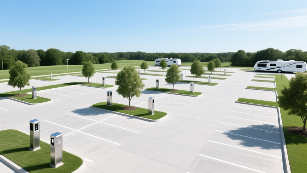 Aerial view of a newly paved RV park with concrete pads, green landscaping, and modern utility pedestals under a clear blue sky