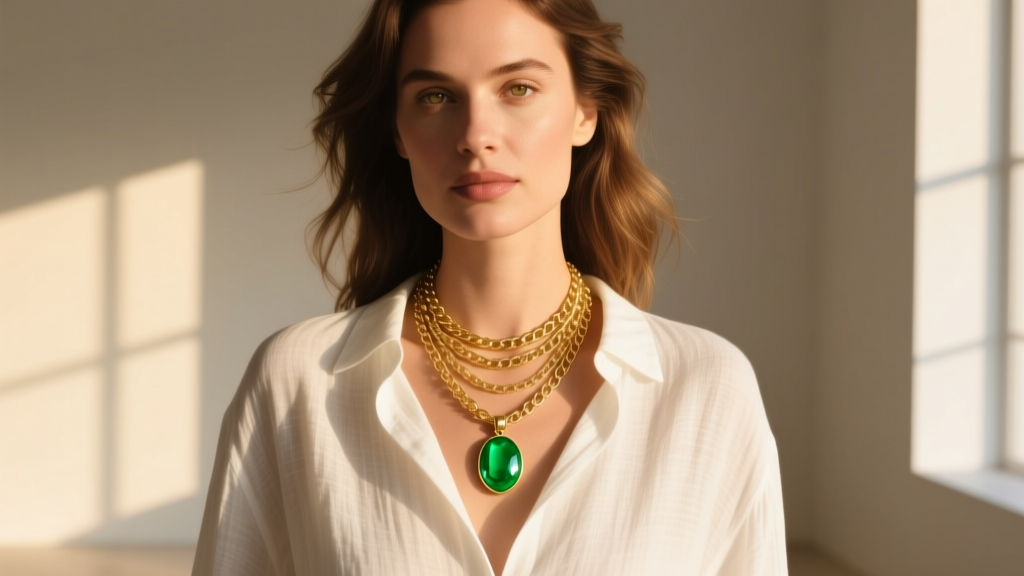 Woman wearing a layered gold chain stack with a bright green enamel pendant over a white linen shirt in warm sunlight.