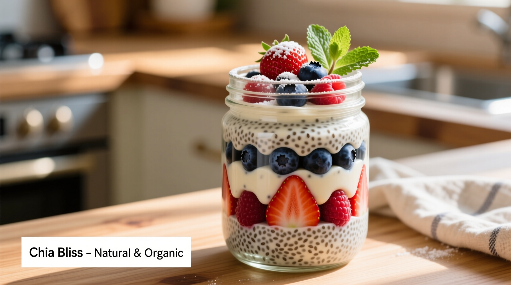 Creamy chia seed pudding in glass jar with fresh berries