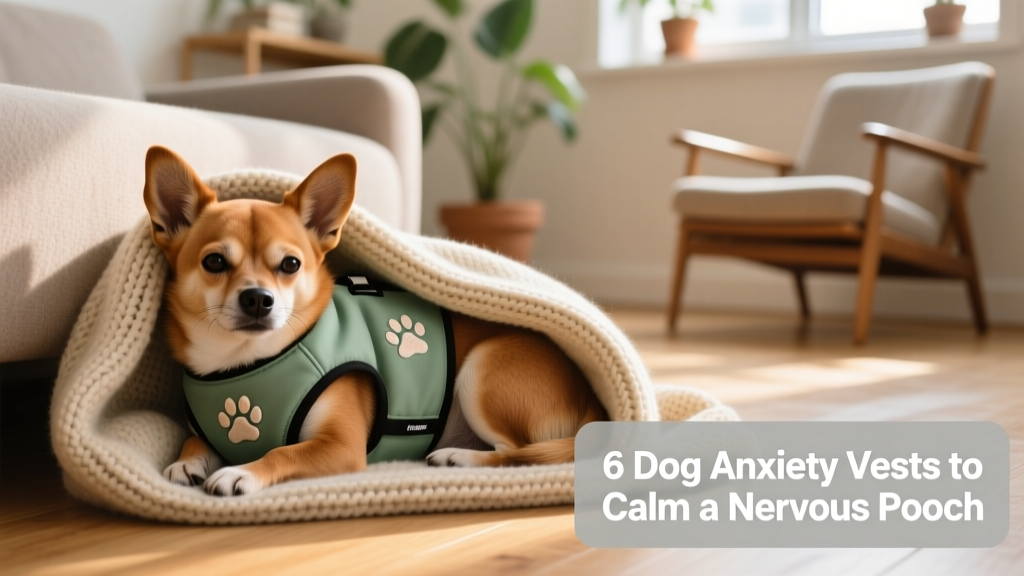 Brown Chihuahua resting calmly under a soft blanket, wearing a snug anxiety vest