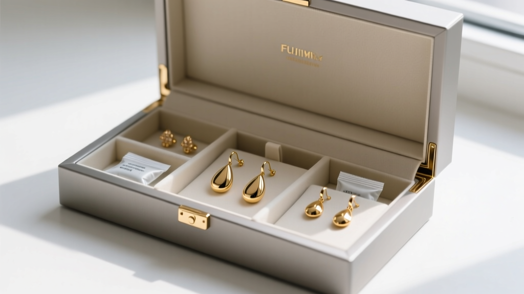 Anti-tarnish jewelry box with compartments and silica gel packets, safely storing gold-tone drop earrings away from humidity.