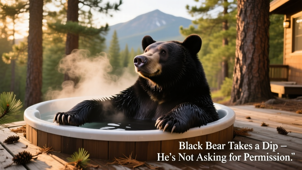 Black bear relaxing in a backyard hot tub, steam rising gently around it, surrounded by pine trees