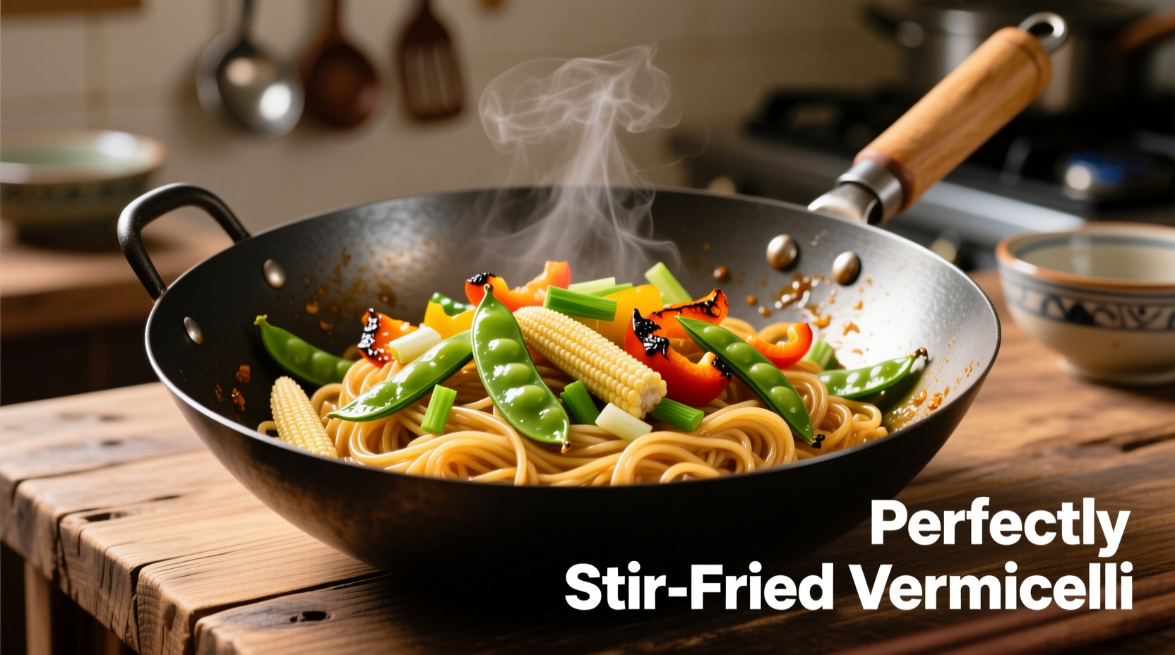 Perfectly cooked vermicelli in wok with vegetables