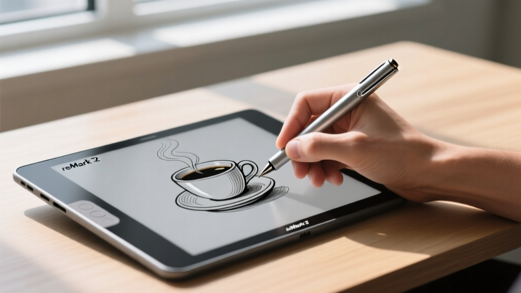 Artist sketching a coffee cup on a reMarkable 2 e-reader using a metallic Lamy AL-star EMR stylus with a matte screen protector reducing glare