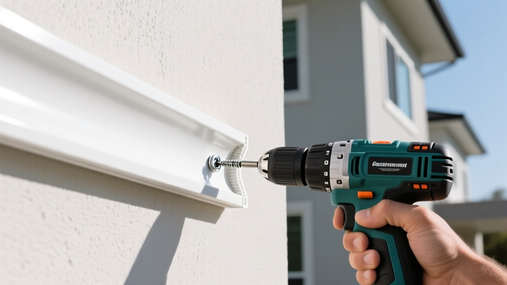 Close-up of a contractor installing white cellular PVC trim boards with stainless steel fasteners on a modern residential exterior facade.