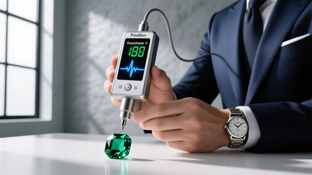 Jeweler holding a Presidium DuoTester II against a loose gemstone, digital screen glowing with an electrical conductivity reading.