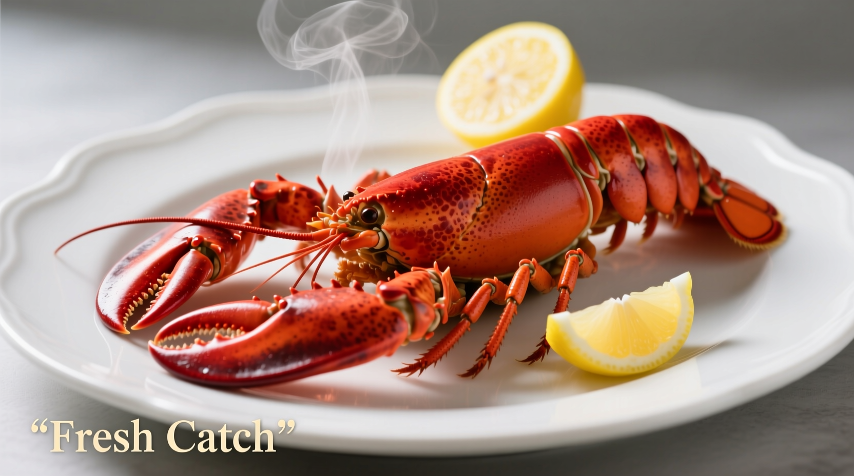 Perfectly cooked live lobster on white plate with lemon