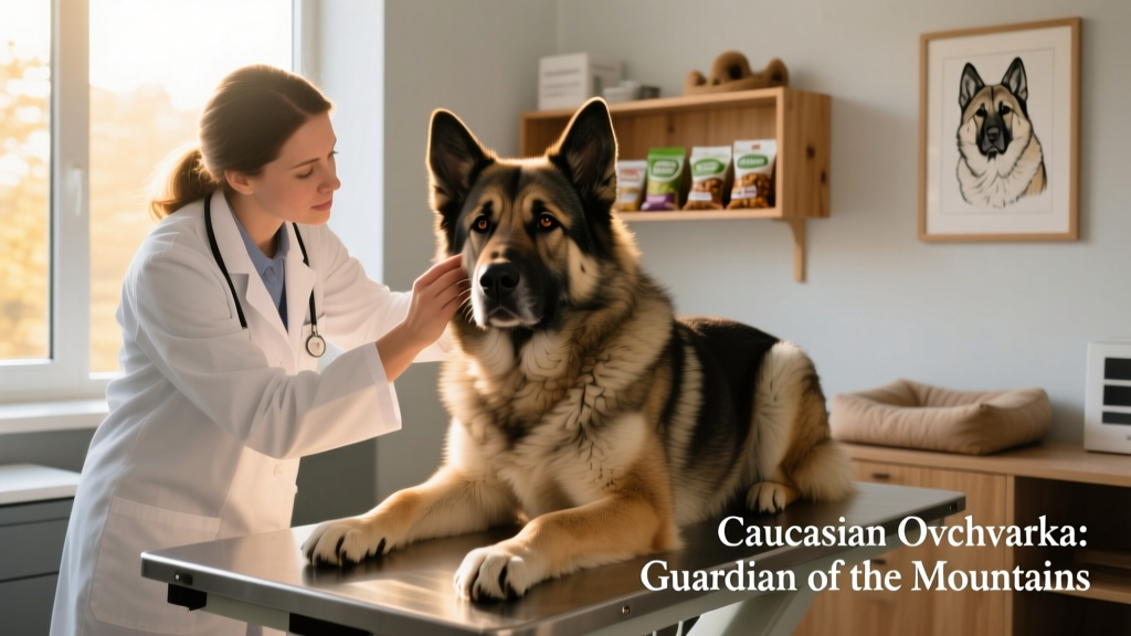 Veterinarian gently examining a Caucasian Ovcharka’s eyes during a routine wellness checkup