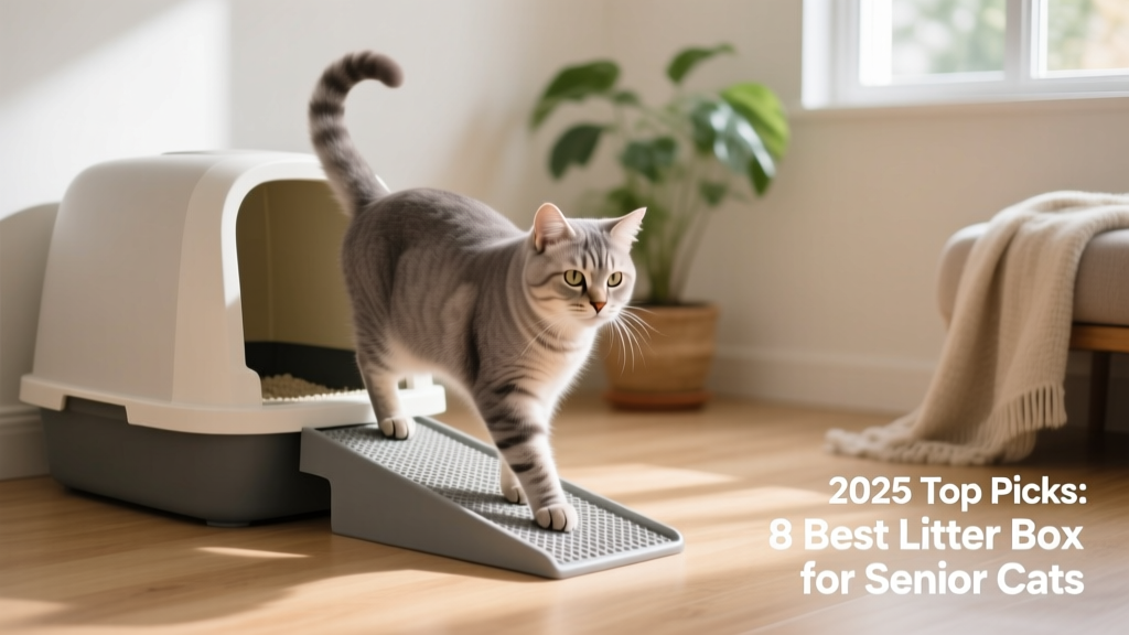 Senior cat comfortably stepping into a low-entry litter box with non-slip ramp