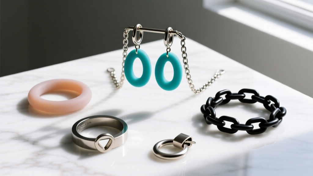 Flat lay of silicone o-rings, omega clips, and chain cuffs to support heavy droopy earrings, arranged on a white marble surface