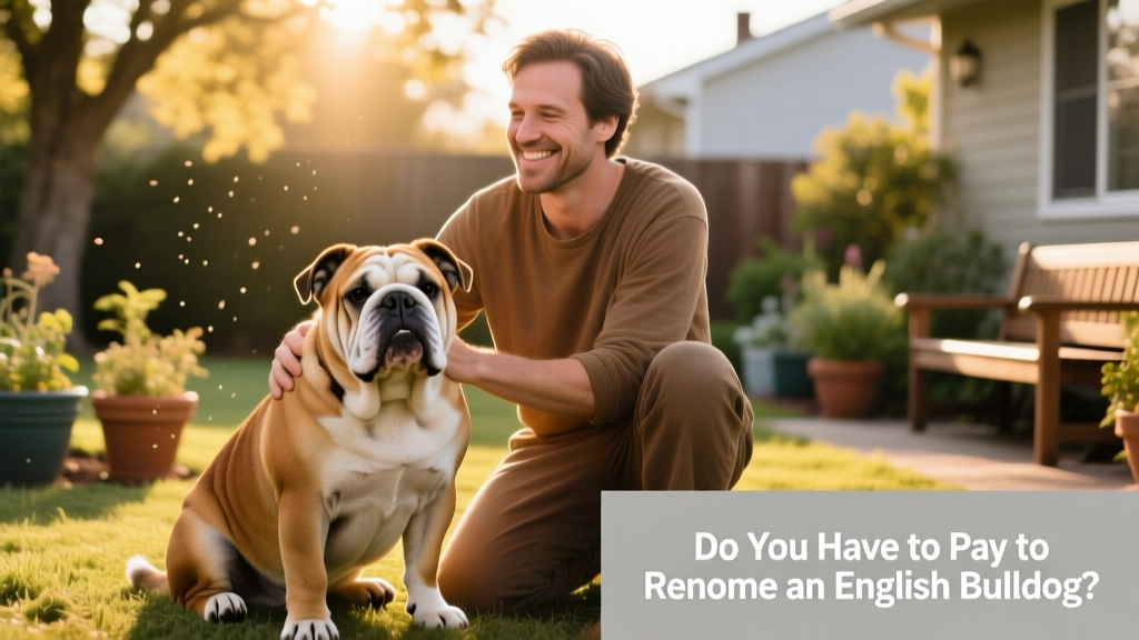 English Bulldog sitting calmly beside a friendly adult, suggesting trust and gentle transition