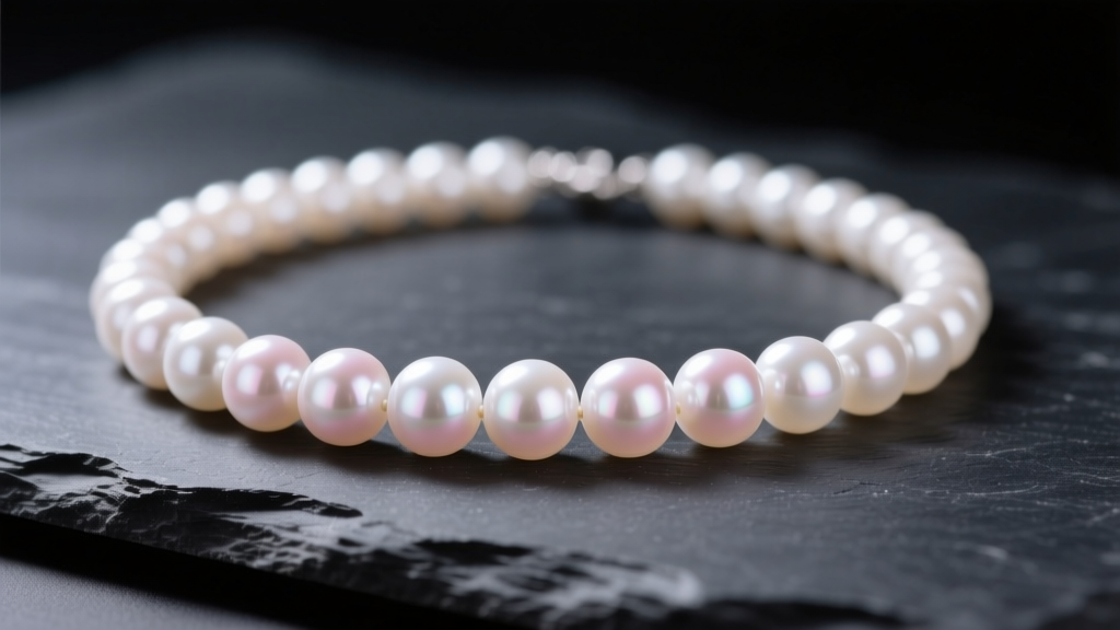 Close-up of an 8mm white Akoya pearl necklace on dark slate, highlighting sharp mirror-like luster and a subtle rose overtone